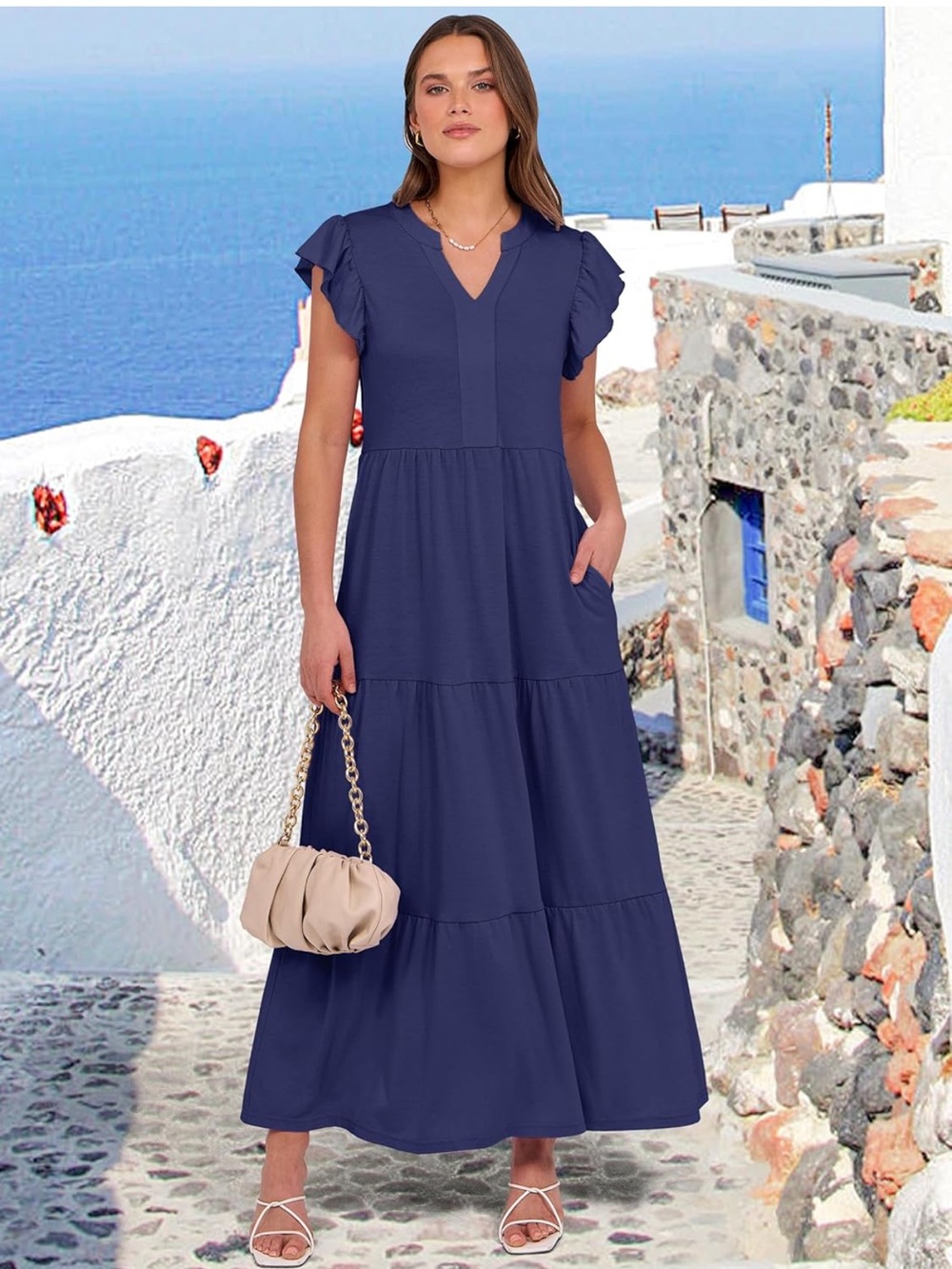 Flutter Sleeve Tiered Maxi Dress in Navy